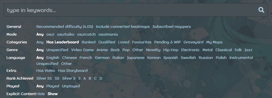The available filters on the beatmap listing
