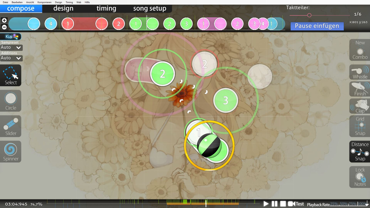 Ein Screenshot des Compose-Tabs des Editors, der die Beatmap Donor Song von pishifat zeigt