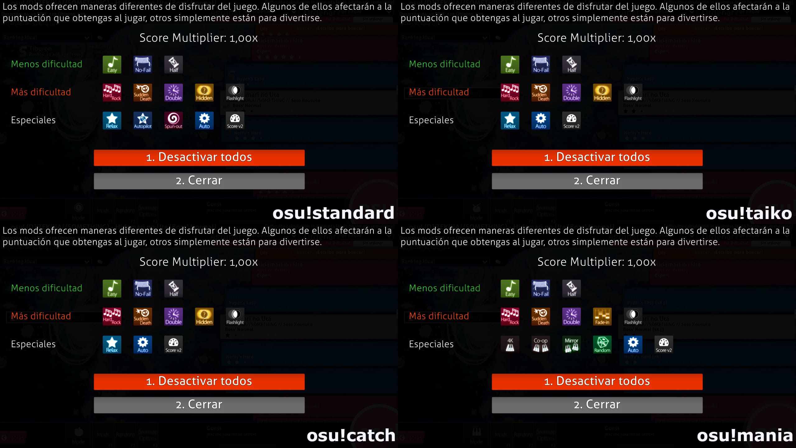 Pantalla del selector de mods