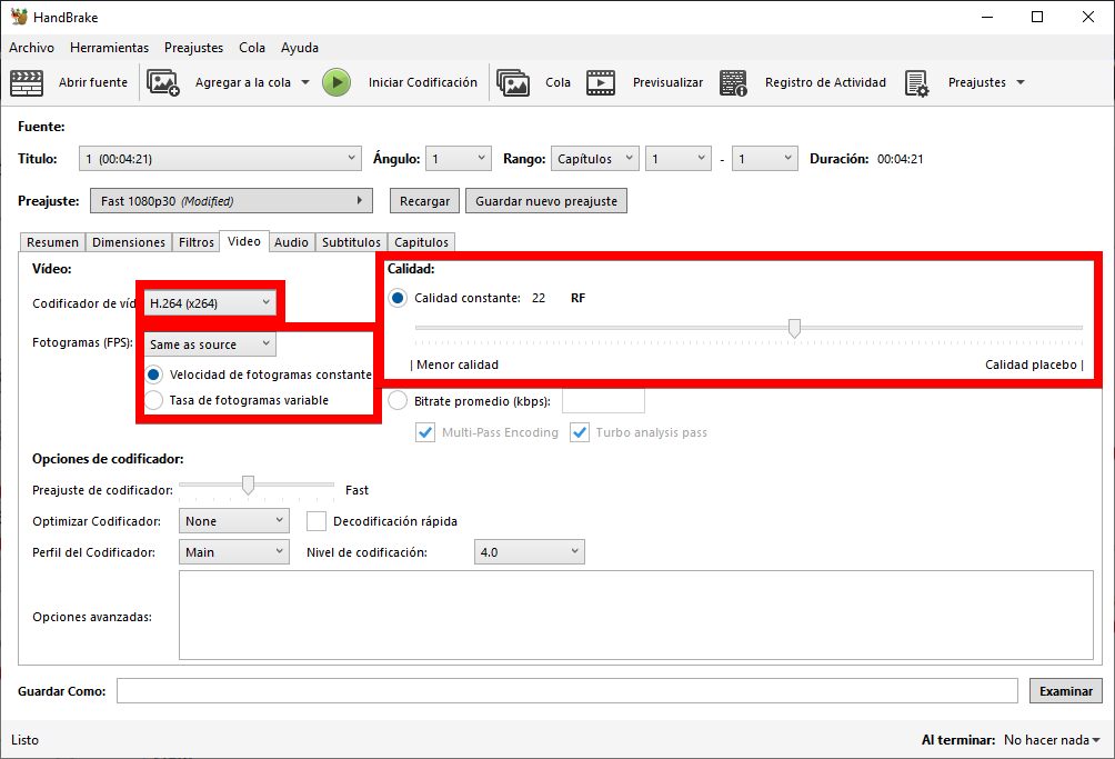 Configuración del códec y la calidad del vídeo en Handbrake
