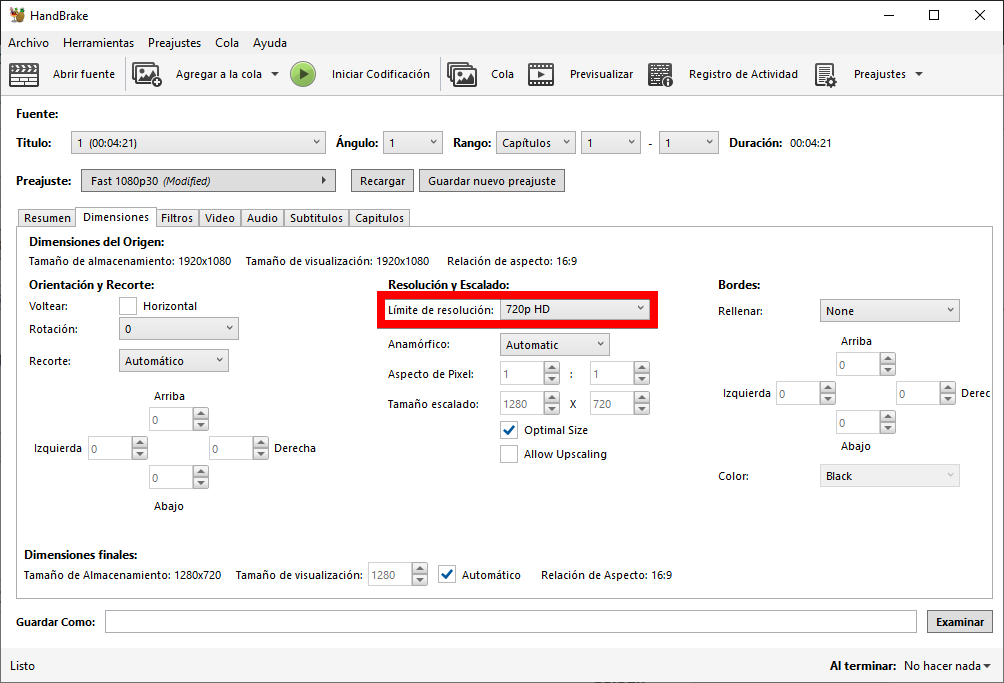 Ajuste de las dimensiones del vídeo en Handbrake