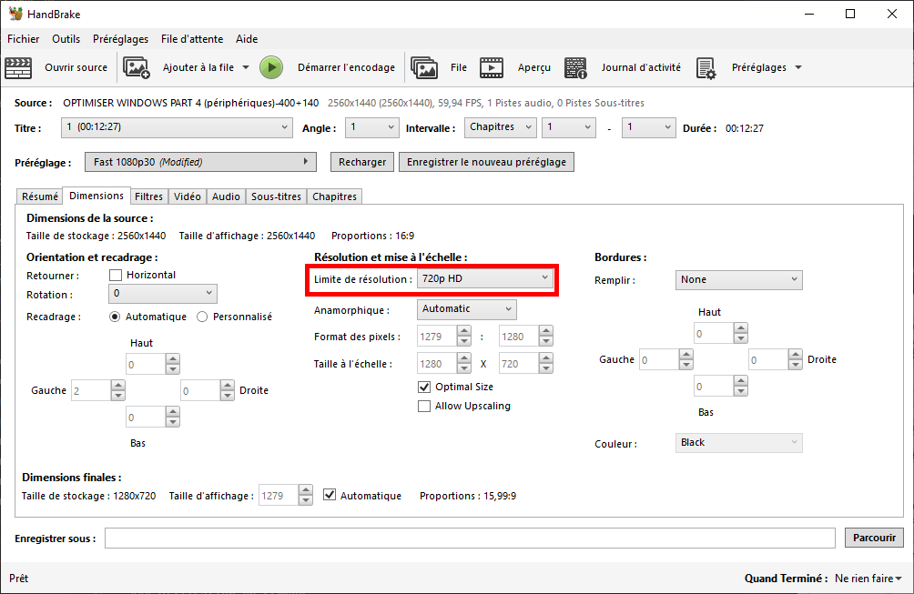 Réglage des dimensions de la vidéo dans Handbrake