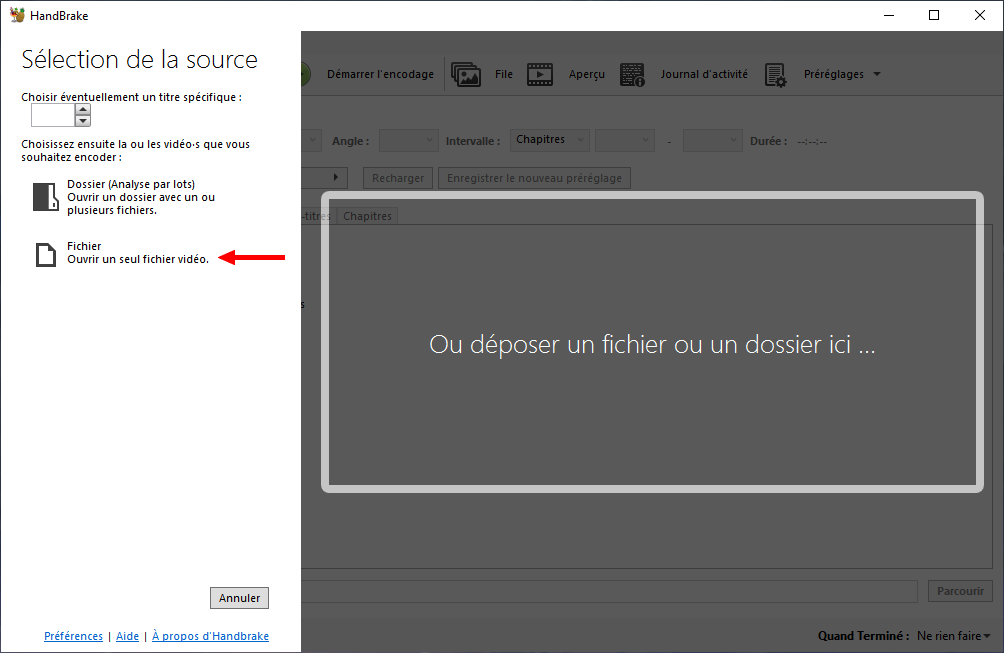 Importer des fichiers vidéo dans Handbrake