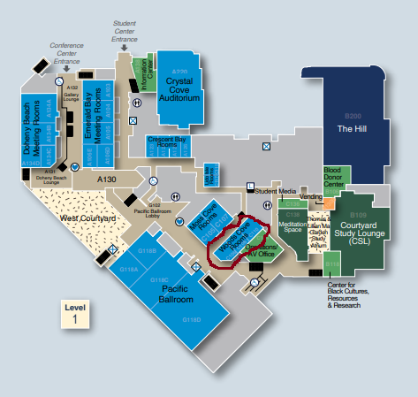 Map of the Student Center showing Woods Cove rooms