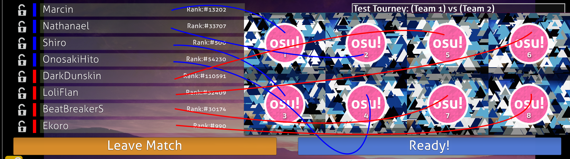 The correspondence of the windows in osu!tourney to the respective multiplayer room slots