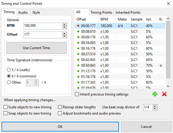 Captura de pantalla del panel de configuración de la temporización